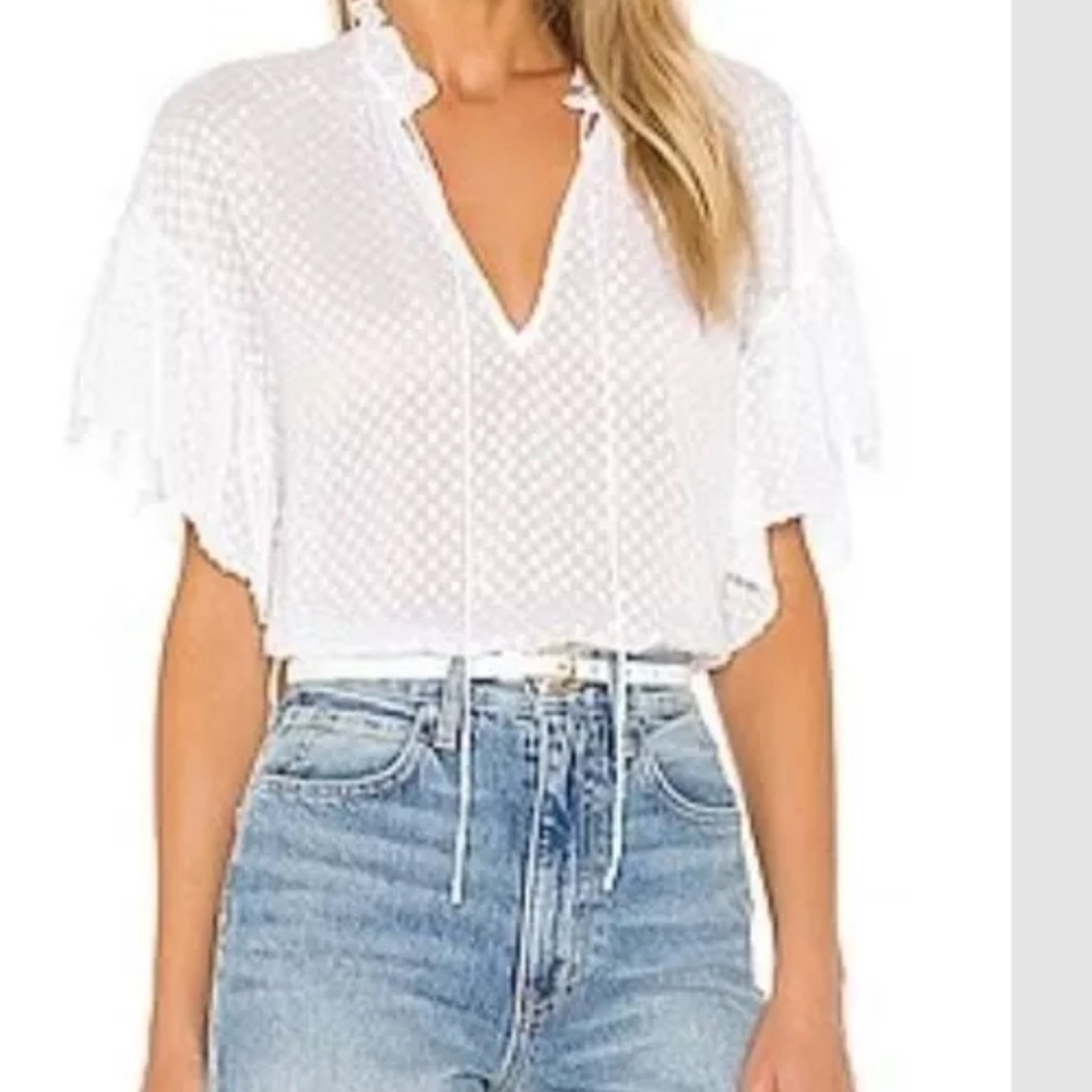 NEW* ALICE & OLIVIA Top Ruffled Flutter Swiss Dot Tie Peasant Blouse S *NWOT
